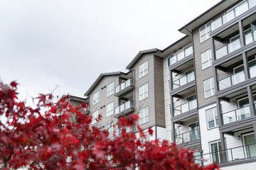 Low angle view of a complex building with a blurry red leaves at the front