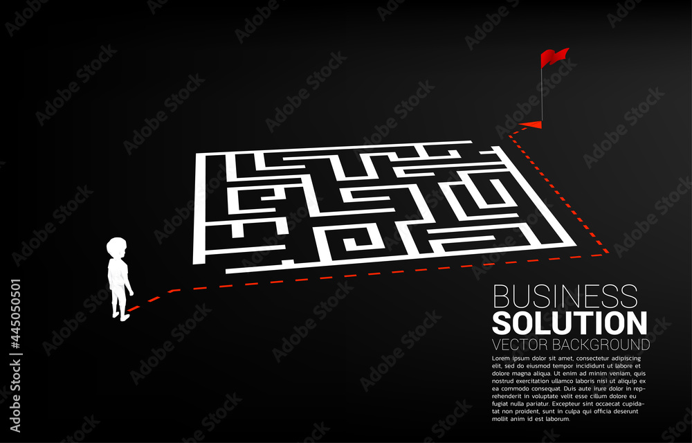 Poster silhouette of boy with route path around the maze to goal. concept of education solution and future 