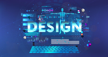 Animator and 3D modeling design concept. Workplace in futuristic style. Designer animator creates a 3D model of a person and animates it in the program. Online learning banner. Vector illustration