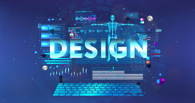 Animator and 3D modeling design concept. Workplace in futuristic style. Designer animator creates a 3D model of a person and animates it in the program. Online learning banner. Vector illustration
