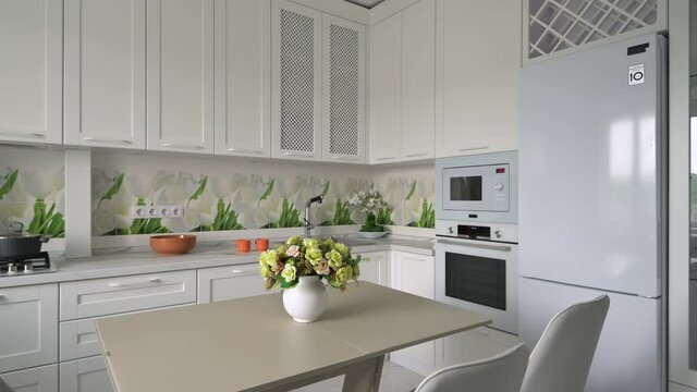 White moden classic kitchen with dining table