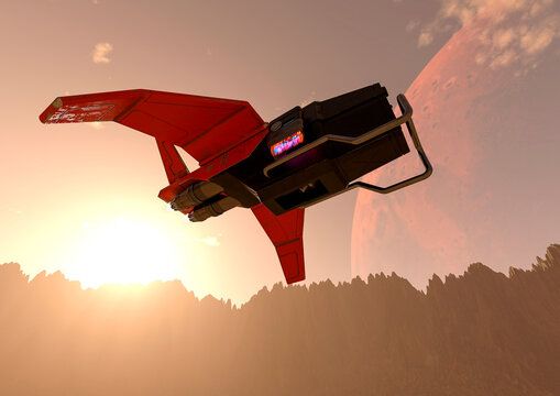 super drone is flying by the moon on desert planet bottom view