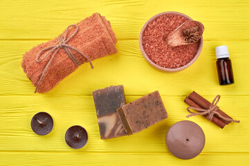 Flat lay top view brown accessories for spa treatment.