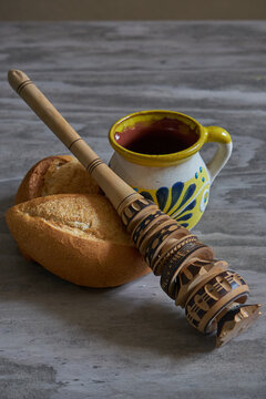 Cup of chocolate, bread and chocolate bar