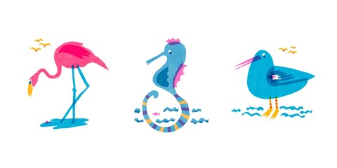 Whimsical seagull, seahorse, flamingo riso print beach design element. Colorful cute screen print effect. Playful cyan blue summer illustration art icon. High resolution isolated on white.
