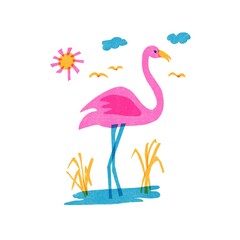 Whimsical flamingo riso print beach bird design element. Colorful cute gull screen print effect. Playful pink summer illustration art icon. High resolution isolated on white.