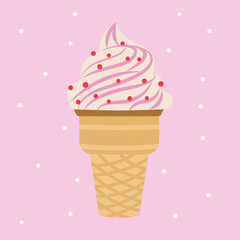 Ice cream cone in a waffle cup with pink topping. Vector wallpaper illustration