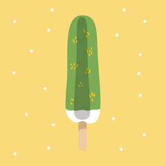 Green ice cream on a stick with kiwi inside. Vector wallpaper illustration