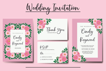 Wedding invitation frame set, floral Digital watercolor Pink Peony Flower design Invitation Card Template