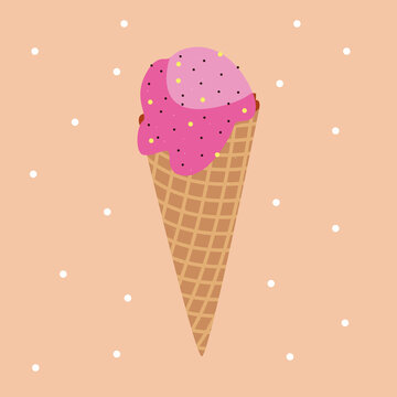 Vector ice cream cone, pink ball melt in summer.