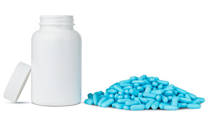 Pills, tablets, drugs, vitamins. White bottle with pill in capsule. Medicine Concept for pharmacy, hospital, doctor's office, disease, illness, sick people. Dose of blue tablets. Doctor prescription.
