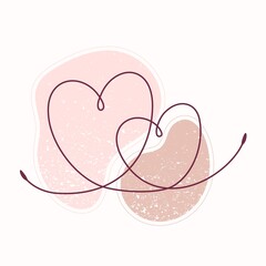 Single line drawing of two bound hearts on textured color spots. Vector hand drawn line art style. Textured background