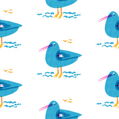 Whimsical seagull riso print beach bird seamless pattern. Colorful cute gull screen print effect. Playful cyan blue summer illustration. High resolution isolated on white.