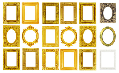 The antique gold frame isolated on the white background.
