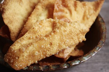 Fried dumpling Chinese food on wood table background