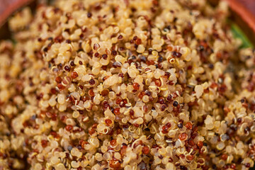 Quinoa cooked macro shot. Healthy vegan food concept.