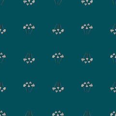 Fototapeta na wymiar Hand drawn seamless pattern with little white psilocybe semilanceata mushroom print. Turquoise background.