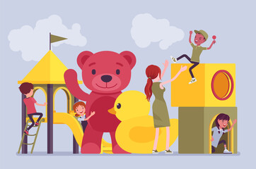 Kindergarten playground fun, happy children playing outdoor. Modern city playpark, daycare recreation for kids and female teacher in summer preschool camp. Vector flat style cartoon illustration