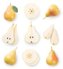 A set of yellow pear whole and sliced isolated on white background. Top view.