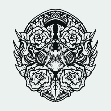 tattoo and t shirt design black and white hand drawn skull mask and rose engraving ornament