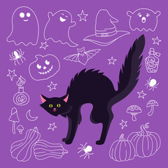 Halloween card cat, pumpkin with face and spider. Doodle mushroom, scared kitten line cartoon character. Witch hat, cute ghost, holiday party Halloween flat postcard. Vector illustration