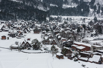 Shirakawa-go is village famous with snow in the winter for Gassho-zukuri (houses with steep thatched roofs) in Gifu prefecture, Japan