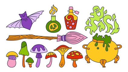 Magic Halloween set, witch elements bright line drawing. Hag cauldron, bat, toxic mushroom, wizard broom, potion poison bottle. Party comic horror witchcraft esoteric alchemy cartoon elements vector