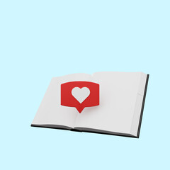3d illustration of book with chat bubble love icon