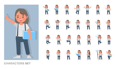 Set of children character vector design. Girl wear red shirt and blue trousers. Presentation in various action with emotions, running, standing and walking.