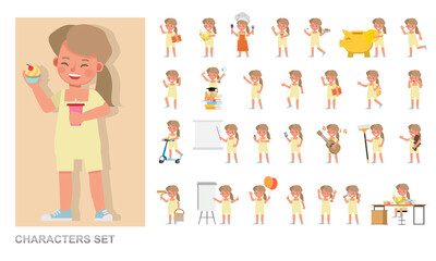 Set of children character vector design. Girl wear yellow shirt. Presentation in various action with emotions, running, standing and walking.