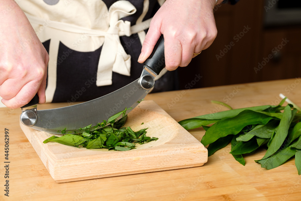 Wall mural Shot of chef's hands cutting greens