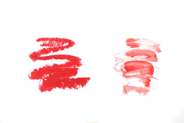 concept fashion flatlay of cosmetics swatches of beauty lipstick on white background
