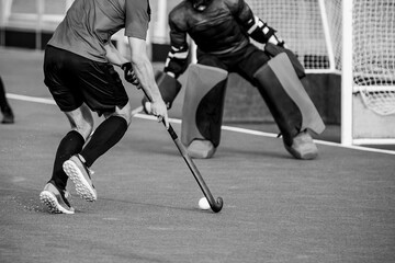 Close-up on a professional field hockey player.