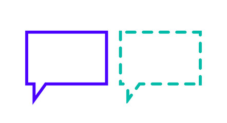 Outline square chat bubbles. Solid and dotted lines empty text boxes, speech bubbles or quote frames. Isolated vector illustration.