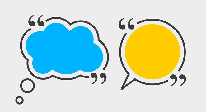 Thought and talk colored quote speech bubbles. Empty text boxes or quote frames. Isolated vector illustration.