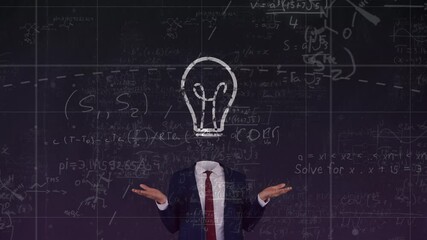 Mathematical equations floating against light bulb over face of businessman against black background - Powered by Adobe