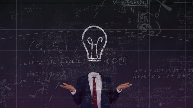 Mathematical equations floating against light bulb over face of businessman against black background - Powered by Adobe