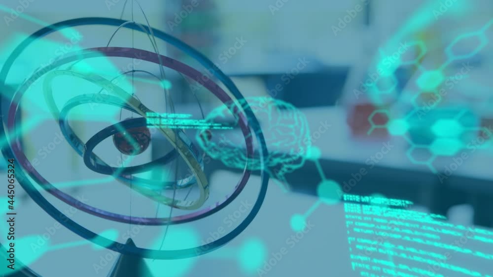 Poster chemical structures and data processing against close up of armillary sphere model at laboratory