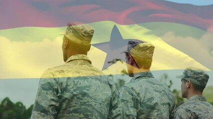 Digital composition of waving ghana flag against rear view of soldiers saluting at training camp - Powered by Adobe