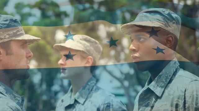 Digital composition of waving honduras flag against soldier saluting his army sergeant