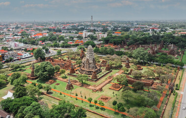 Aerial view of Ayutthaya temple, Wat Ratchaburana, empty during covid, in Phra Nakhon Si Ayutthaya, Historic City in Thailand