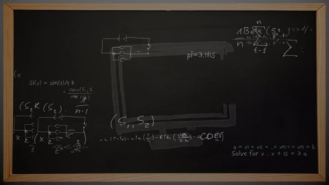 Animation of mathematical equations on chalkboard over computer