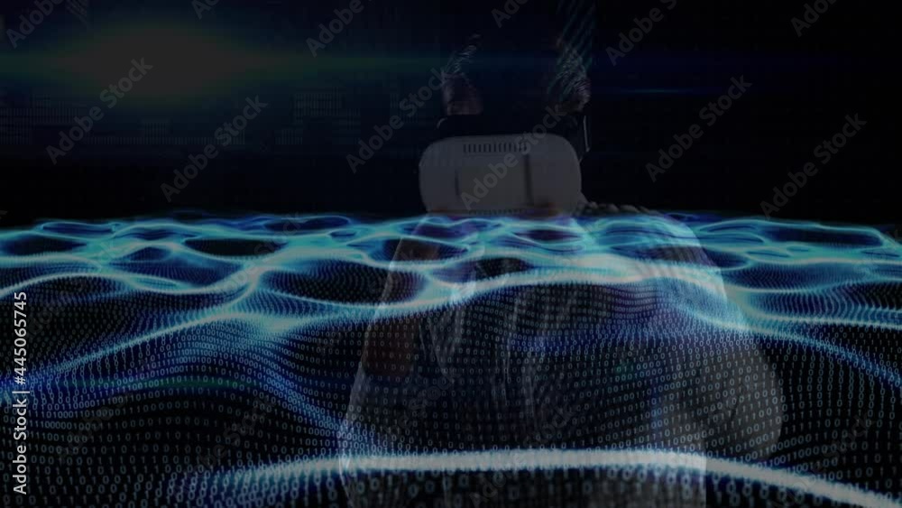 Poster animation of waves of binary coding over man wearing vr headset