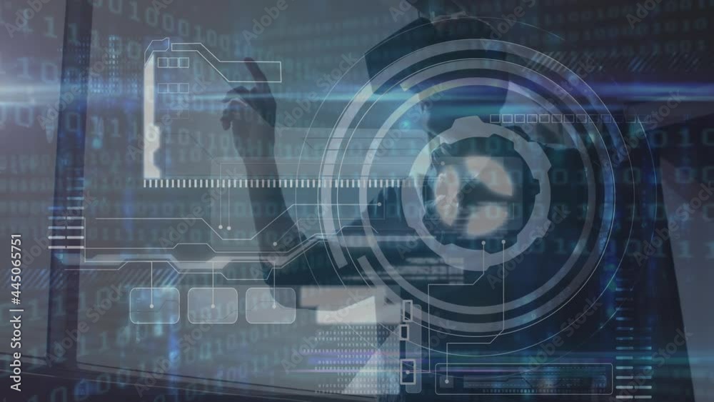 Poster animation of scope scanning and binary coding over man wearing vr headset