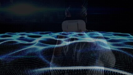 Animation of waves of binary coding over man wearing vr headset - Powered by Adobe