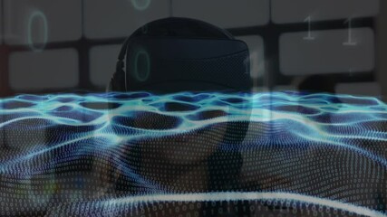Animation of waves of binary coding over woman wearing vr headset - Powered by Adobe