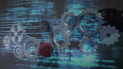 Animation of cogs moving and data processing over man wearing vr headset - Powered by Adobe