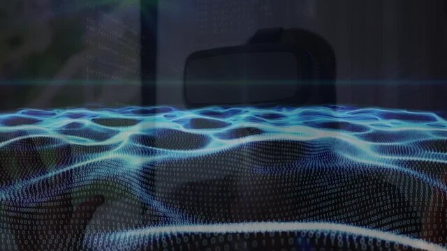 Animation of waves of binary coding over person wearing vr headset