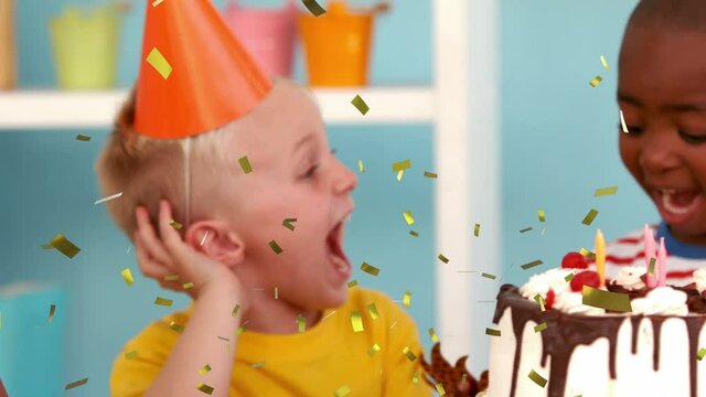 Animation of confetti over children with birthday cake at birthday party