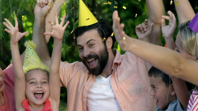 Animation of confetti over family at birthday party